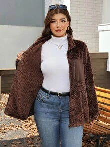 Comfylo Plus Size Casual Reversible Fleece Patchwork Jacket For Winter Winter Clothes - Brown - View 4