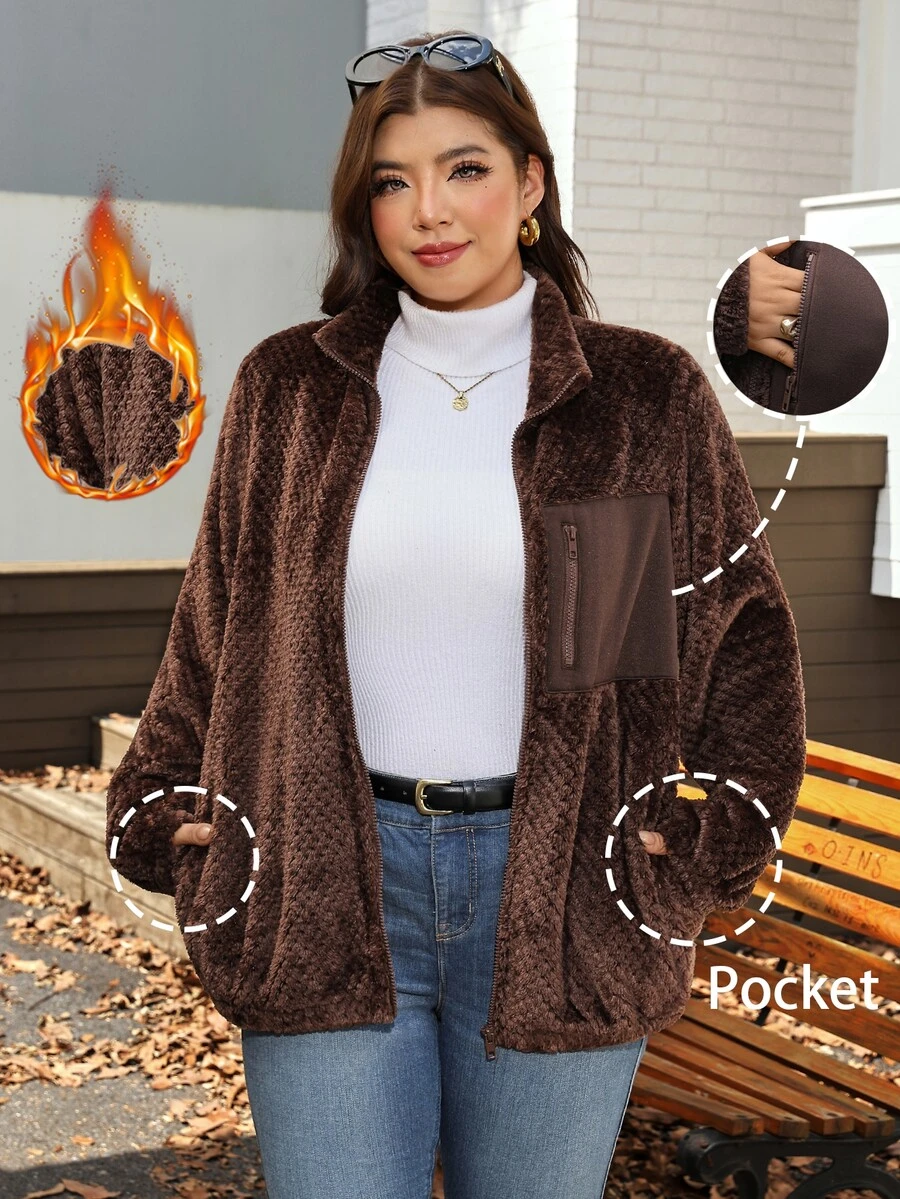 Comfylo Plus Size Casual Reversible Fleece Patchwork Jacket For Winter Winter Clothes