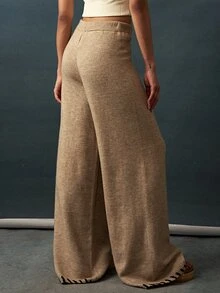 Bohemela Women's Solid Color Elastic Waist Wide Leg Loose Casual Knit Long Pants Lounge Shades Of Brown Autumn - Khaki - View 6