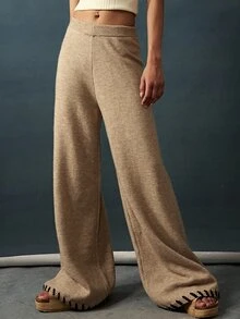 Bohemela Women's Solid Color Elastic Waist Wide Leg Loose Casual Knit Long Pants Lounge Shades Of Brown Autumn - Khaki - View 7
