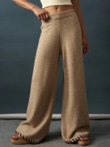 Bohemela Women's Solid Color Elastic Waist Wide Leg Loose Casual Knit Long Pants Lounge Shades Of Brown Autumn - Khaki - View 4