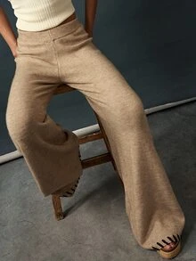 Bohemela Women's Solid Color Elastic Waist Wide Leg Loose Casual Knit Long Pants Lounge Shades Of Brown Autumn - Khaki - View 3
