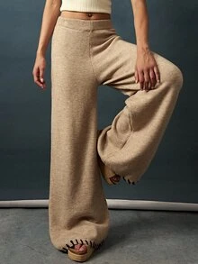 Bohemela Women's Solid Color Elastic Waist Wide Leg Loose Casual Knit Long Pants Lounge Shades Of Brown Autumn - Khaki - View 5