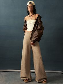 Bohemela Women's Solid Color Elastic Waist Wide Leg Loose Casual Knit Long Pants Lounge Shades Of Brown Autumn - Khaki - View 8