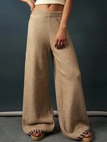 Bohemela Women's Solid Color Elastic Waist Wide Leg Loose Casual Knit Long Pants Lounge Shades Of Brown Autumn - Khaki - View 2