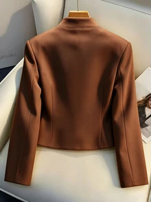 SHEIN Franclia 女款法式立領雙排扣金鈕短版西裝外套，高級通勤顯瘦小版夾克上衣 - 摩卡棕 - 查看 2