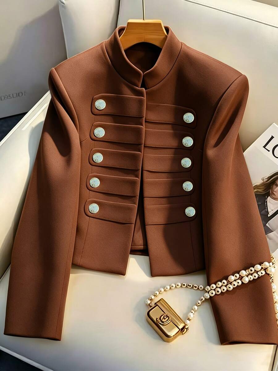 SHEIN Franclia 女款法式立領雙排扣金鈕短版西裝外套,高級通勤顯瘦小版夾克上衣 - 摩卡棕 - 查看 1