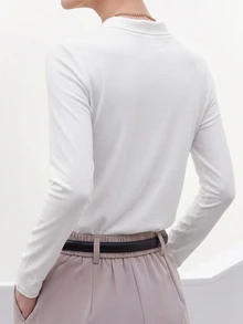 Dazy-Less Women's All White Solid Color Slim Fit Knitted Cotton Long Sleeve Button-Up Polo Collar T-Shirt Autumn Office Minimalist Modest - White - View 2