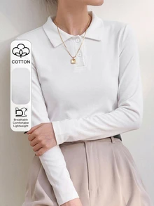 Dazy-Less Women's All White Solid Color Slim Fit Knitted Cotton Long Sleeve Button-Up Polo Collar T-Shirt Autumn Office Minimalist Modest - White - View 1