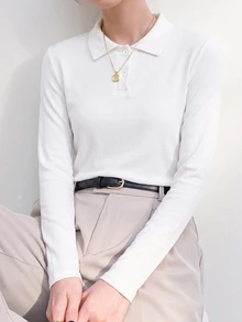 Dazy-Less Women's All White Solid Color Slim Fit Knitted Cotton Long Sleeve Button-Up Polo Collar T-Shirt Autumn Office Minimalist Modest - White - View 7