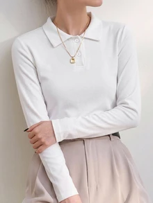 Dazy-Less Women's All White Solid Color Slim Fit Knitted Cotton Long Sleeve Button-Up Polo Collar T-Shirt Autumn Office Minimalist Modest - White - View 8