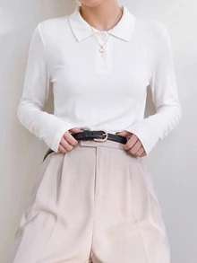 Dazy-Less Women's All White Solid Color Slim Fit Knitted Cotton Long Sleeve Button-Up Polo Collar T-Shirt Autumn Office Minimalist Modest - White - View 6