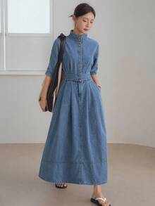 Dazy-Less Women's Light Blue Solid Color Cotton Denim Dress With Stand Collar Short Sleeve Button Front Cinched Waist Full Skirt Vacation Autumn Casual - Medium Wash - View 6