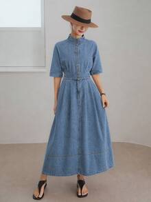 Dazy-Less Women's Light Blue Solid Color Cotton Denim Dress With Stand Collar Short Sleeve Button Front Cinched Waist Full Skirt Vacation Autumn Casual - Medium Wash - View 3