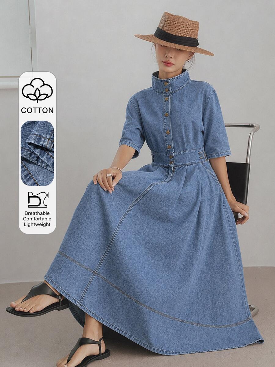 Dazy-Less Women's Light Blue Solid Color Cotton Denim Dress With Stand Collar Short Sleeve Button Front Cinched Waist Full Skirt Vacation Autumn Casual - Medium Wash - View 1