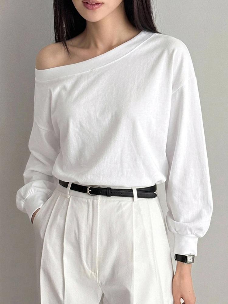 Dazy-Less Women's Cotton Boat Neck Asymmetrical Shoulder Long Sleeve White Solid Color Loose Drop Shoulder Casual Minimalist T-Shirt Summer Everyday Brunch - White - View 2