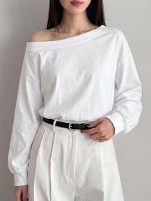 Dazy-Less 女款棉質船領不對稱肩長袖白色純色寬鬆落肩休閒極簡風T恤，適合夏季日常與早午餐 - 白色 - 查看 6