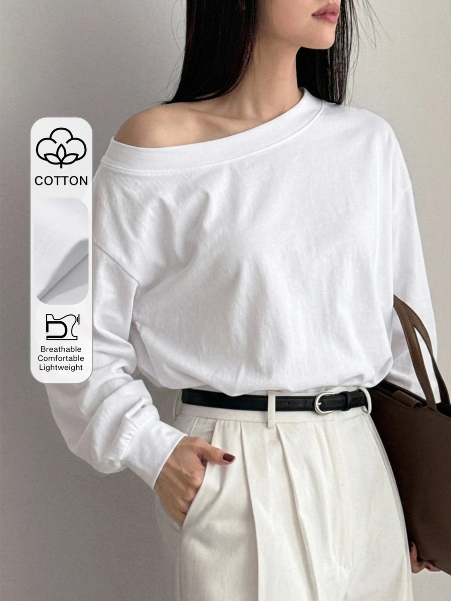 Dazy-Less 女款棉質船領不對稱肩長袖白色純色寬鬆落肩休閒極簡風T恤,適合夏季日常與早午餐 - 白色 - 查看 1