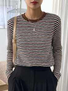 Dazy-Less Women's Round Neck Contrast Color Plaid Patchwork Short Sleeve Black And White Striped Loose Casual 80s Retro French Versatile T-Shirt Everyday Autumn - Coffee Brown - View 1