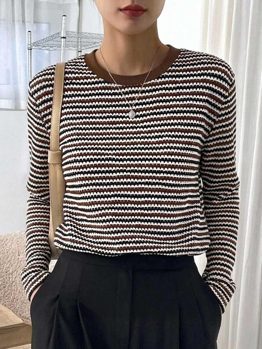 Dazy-Less Women's Round Neck Contrast Color Plaid Patchwork Short Sleeve Black And White Striped Loose Casual 80s Retro French Versatile T-Shirt Everyday Autumn - Coffee Brown - View 1
