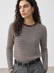 Dazy-Less Women's Round Neck Contrast Color Plaid Patchwork Short Sleeve Black And White Striped Loose Casual 80s Retro French Versatile T-Shirt Everyday Autumn - Coffee Brown - View 6