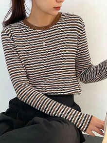 Dazy-Less Women's Round Neck Contrast Color Plaid Patchwork Short Sleeve Black And White Striped Loose Casual 80s Retro French Versatile T-Shirt Everyday Autumn - Coffee Brown - View 4