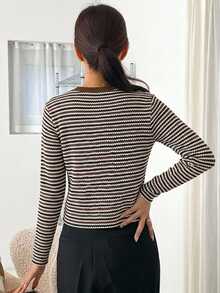 Dazy-Less Women's Round Neck Contrast Color Plaid Patchwork Short Sleeve Black And White Striped Loose Casual 80s Retro French Versatile T-Shirt Everyday Autumn - Coffee Brown - View 2