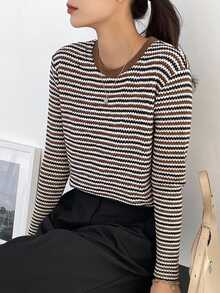 Dazy-Less Women's Round Neck Contrast Color Plaid Patchwork Short Sleeve Black And White Striped Loose Casual 80s Retro French Versatile T-Shirt Everyday Autumn - Coffee Brown - View 3