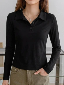 Dazy-Less 女款夏秋長袖鈕扣修身純黑色棉質休閒百搭POLO領T恤，適合辦公室穿著 - 黑色 - 查看 5