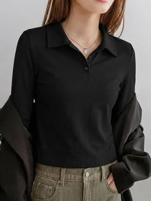 Dazy-Less 女款夏秋長袖鈕扣修身純黑色棉質休閒百搭POLO領T恤，適合辦公室穿著 - 黑色 - 查看 6