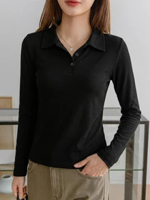 Dazy-Less 女款夏秋長袖鈕扣修身純黑色棉質休閒百搭POLO領T恤，適合辦公室穿著 - 黑色 - 查看 4