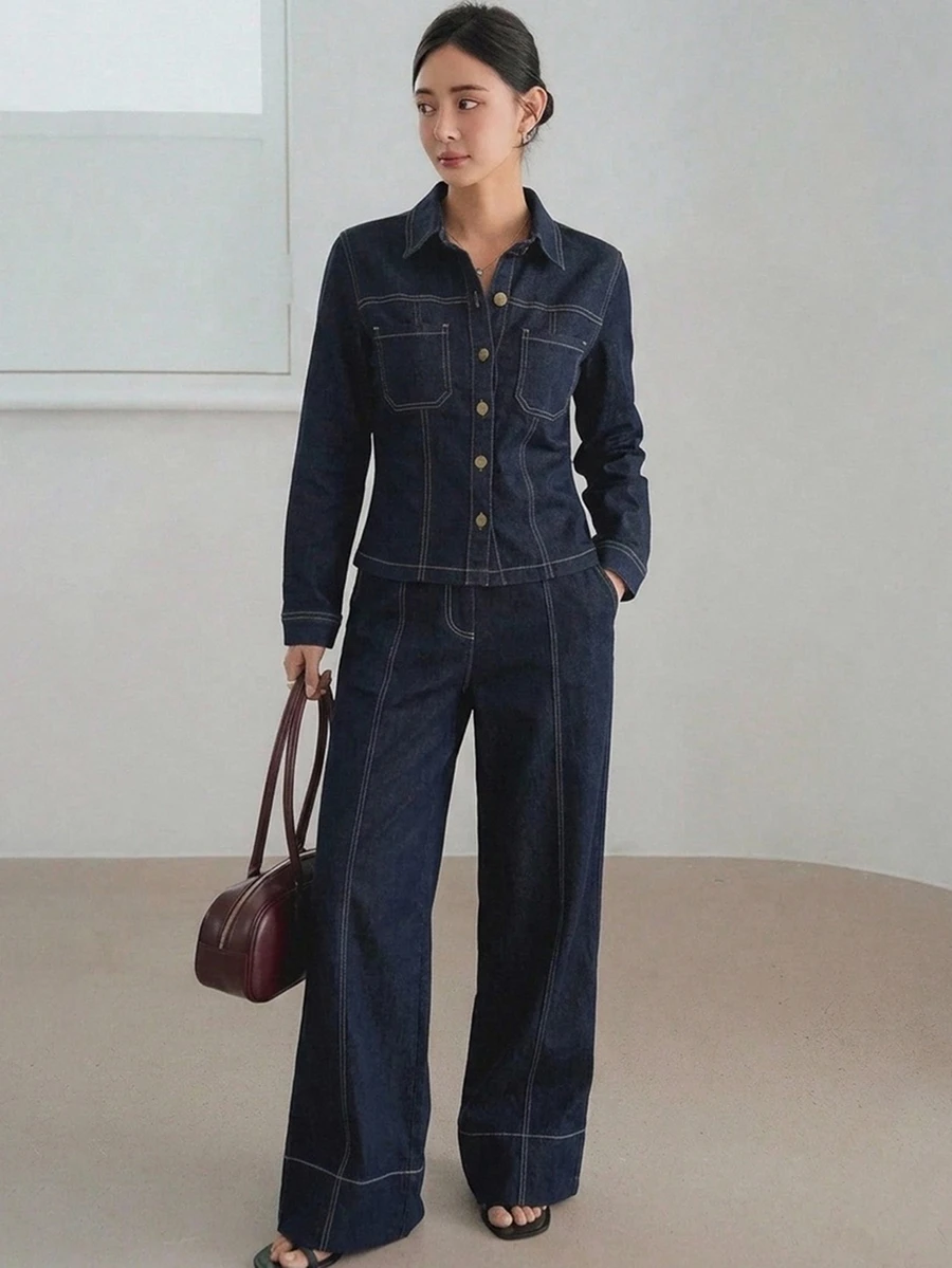 Dazy-Less Women's Denim Set With Cotton Turn-Down Collar Long Sleeve Button-Up Navy Blue Contrast Stitching Cropped Top Wide Leg Pants Autumn Casual - Dark Wash - View 1