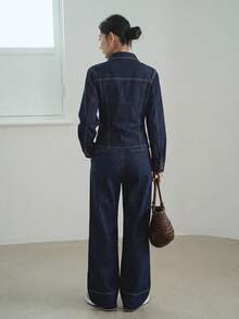 Dazy-Less Women's Denim Set With Cotton Turn-Down Collar Long Sleeve Button-Up Navy Blue Contrast Stitching Cropped Top Wide Leg Pants Autumn Casual - Dark Wash - View 2