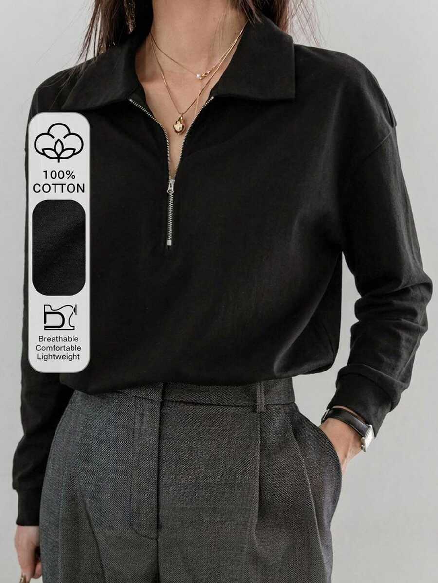 Dazy-Less Women's Loose Casual Business Commute T-Shirt, Black Solid Color, 100 Cotton, Long Sleeve, Half Zip, Collared Summer Office Everyday - Black - View 1