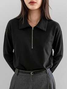 Dazy-Less Women's Loose Casual Business Commute T-Shirt, Black Solid Color, 100 Cotton, Long Sleeve, Half Zip, Collared Summer Office Everyday - Black - View 4