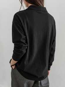 Dazy-Less Women's Loose Casual Business Commute T-Shirt, Black Solid Color, 100 Cotton, Long Sleeve, Half Zip, Collared Summer Office Everyday - Black - View 2