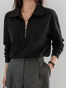 Dazy-Less Women's Loose Casual Business Commute T-Shirt, Black Solid Color, 100 Cotton, Long Sleeve, Half Zip, Collared Summer Office Everyday - Black - View 6