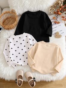 SHEIN Three Long-Sleeved T-Shirts For Girls With Heart Designs, Featuring Three Different Patterns And Three Colors, Suitable For Spring, Autumn, And Winter - Multicolor - View 3