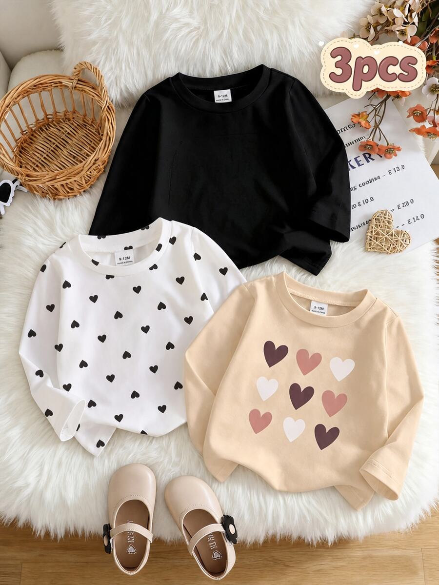 SHEIN Three Long-Sleeved T-Shirts For Girls With Heart Designs, Featuring Three Different Patterns And Three Colors, Suitable For Spring, Autumn, And Winter