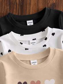 SHEIN Three Long-Sleeved T-Shirts For Girls With Heart Designs, Featuring Three Different Patterns And Three Colors, Suitable For Spring, Autumn, And Winter - Multicolor - View 6