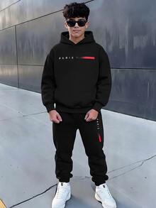 SHEIN 2件組青少年男孩黑色保暖內裡連帽衛衣圖案印花慢跑褲套裝，返校秋季款 - 黑色 - 查看 1