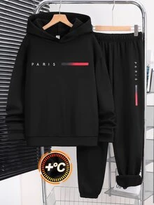 SHEIN 2件組青少年男孩黑色保暖內裡連帽衛衣圖案印花慢跑褲套裝，返校秋季款 - 黑色 - 查看 8