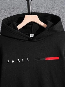 SHEIN 2件組青少年男孩黑色保暖內裡連帽衛衣圖案印花慢跑褲套裝，返校秋季款 - 黑色 - 查看 5