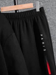 SHEIN 2件組青少年男孩黑色保暖內裡連帽衛衣圖案印花慢跑褲套裝，返校秋季款 - 黑色 - 查看 6