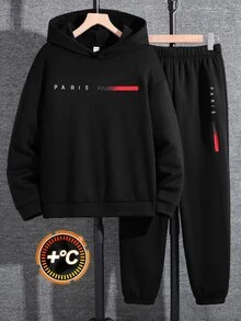 SHEIN 2件組青少年男孩黑色保暖內裡連帽衛衣圖案印花慢跑褲套裝，返校秋季款 - 黑色 - 查看 2