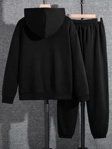 SHEIN 2件組青少年男孩黑色保暖內裡連帽衛衣圖案印花慢跑褲套裝，返校秋季款 - 黑色 - 查看 3