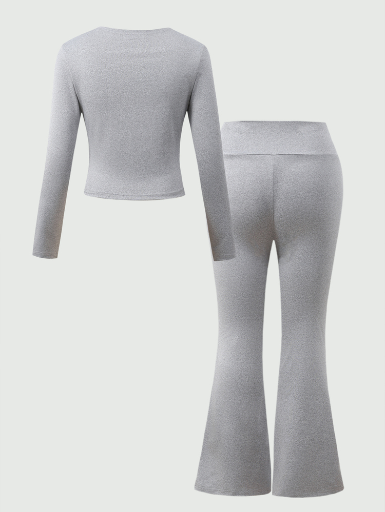 Teen Girl Solid Color Long Sleeve T-Shirt And Flare Pants Casual Daily Outfit, Fall Outfits, Autumn - Grey - View 2