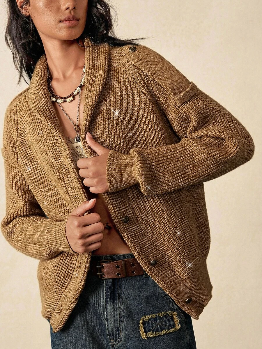 Bohemela Women's Solid Color Long Sleeve Single-Breasted Casual Knit Cardigan - Camel - View 1