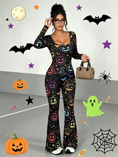 SHEIN Mono de manga larga con estampado de Halloween 2026, de alta elasticidad y acampanado – Estampado de calabaza negra, ajuste ceñido, adecuado para otoño/invierno y uso festivo