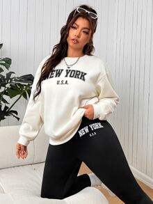 SHEIN EZwear Setelan 2 Potong Atasan Lengan Panjang dan Legging Motif Huruf Minimalis Ukuran Plus untuk Musim Gugur - Hitam - View 5